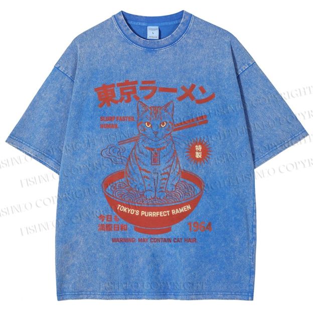 Unisex Tokyo Ramen Cat Printed Washed Tee
