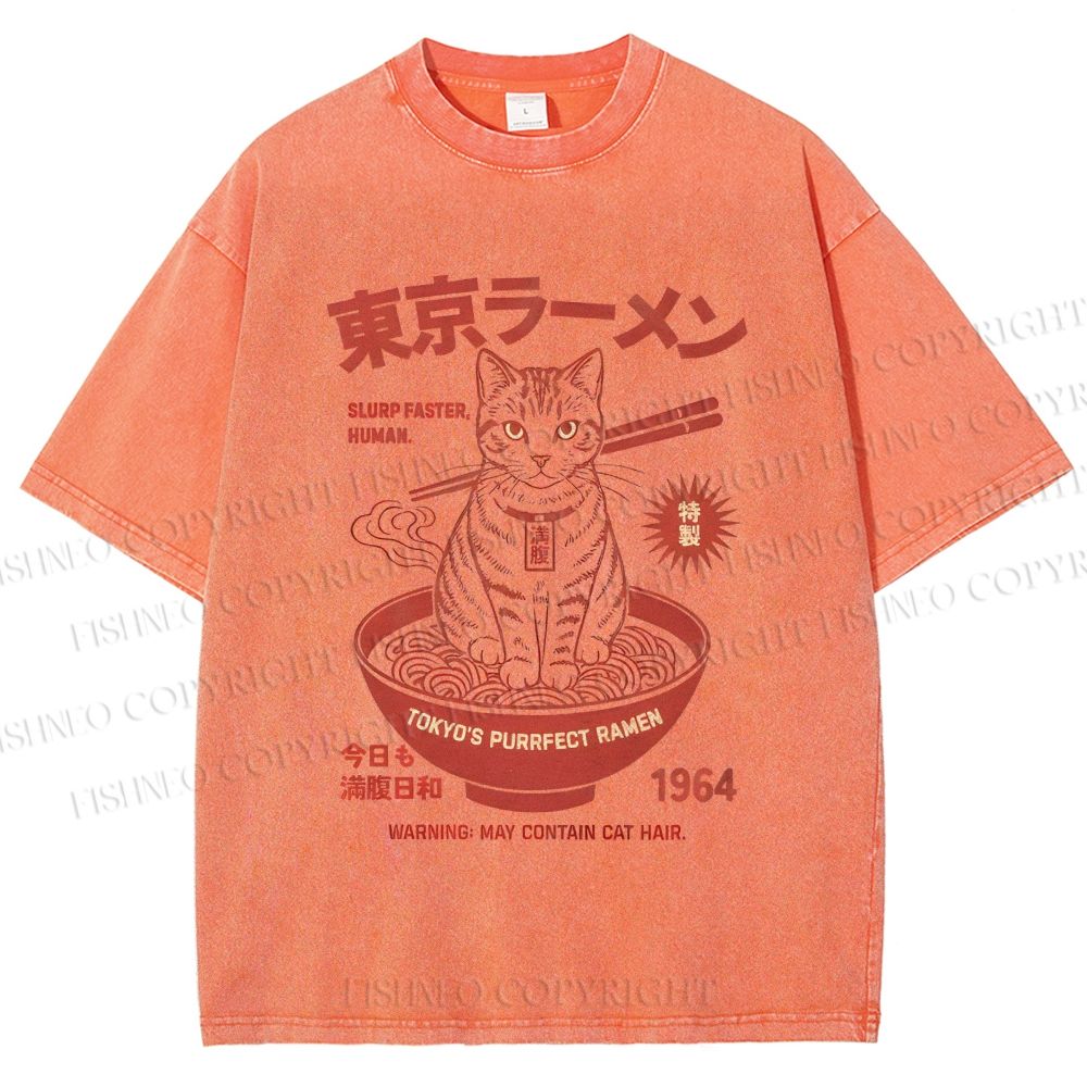 Unisex Tokyo Ramen Cat Printed Washed Tee