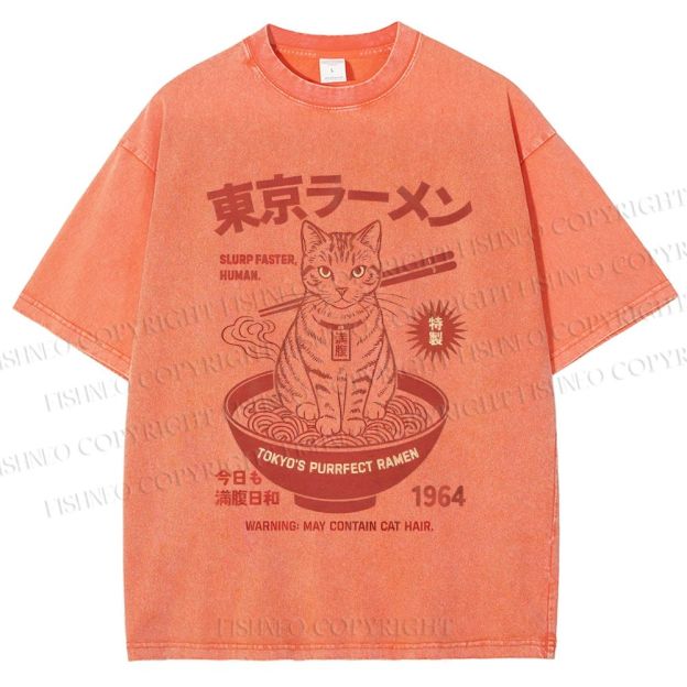 Unisex Tokyo Ramen Cat Printed Washed Tee
