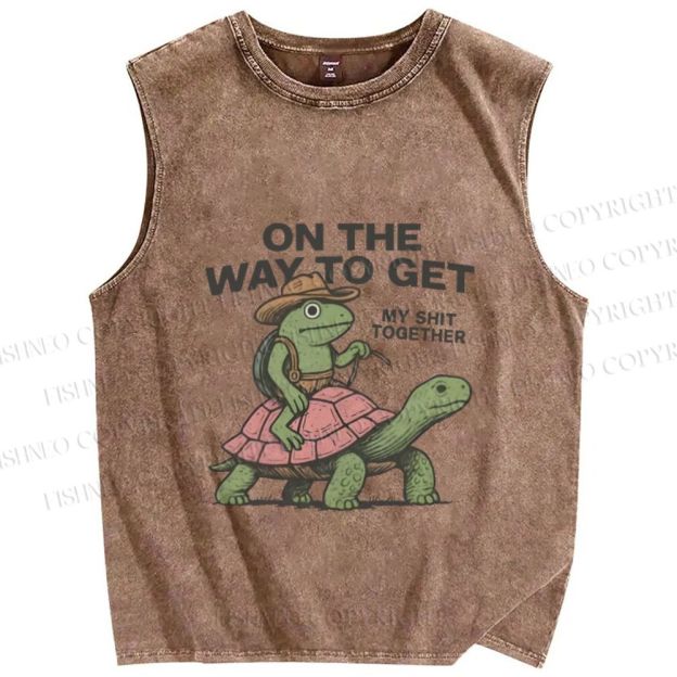 Unisex Frog on the Way to Get my Shit Together Printed Washed Tank Top