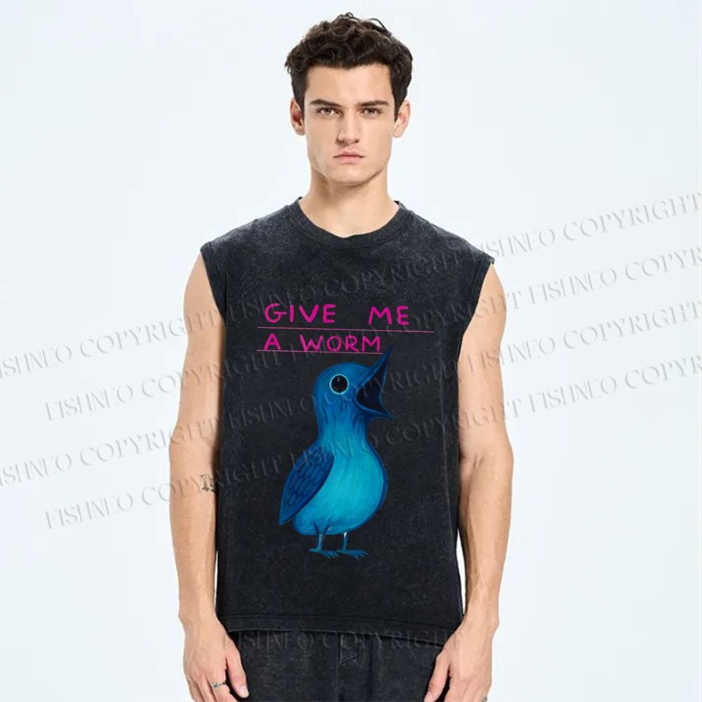 Unisex Give Me A Worm Bird Printed Washed Tank Top