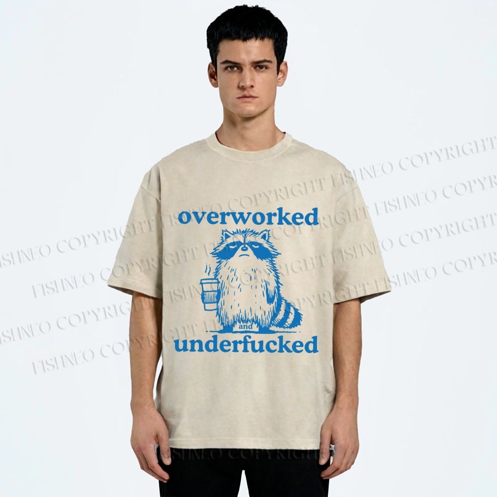 Unisex Overworked and Overfucked Raccoon Printed Washed Tee