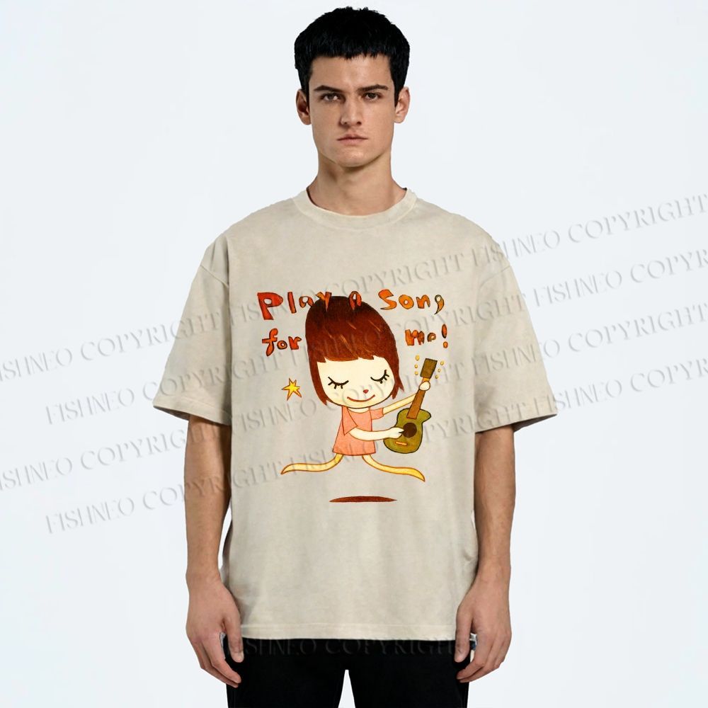 Unisex Yoshitomo Nara Play A Song For Me Printed Washed Tee
