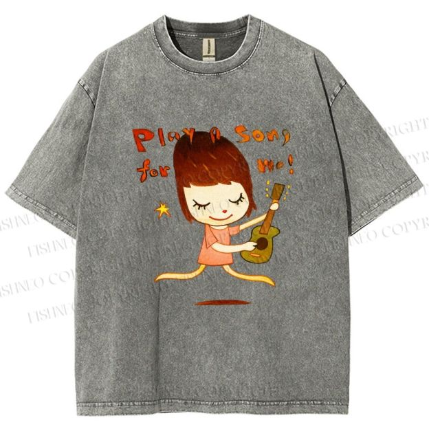 Unisex Yoshitomo Nara Play A Song For Me Printed Washed Tee