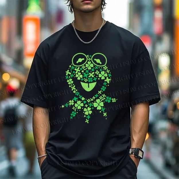 Unisex Classic Cotton Four-Leaf Clover Frog Printed T-shirt