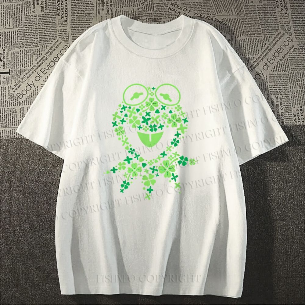 Unisex Classic Cotton Four-Leaf Clover Frog Printed T-shirt