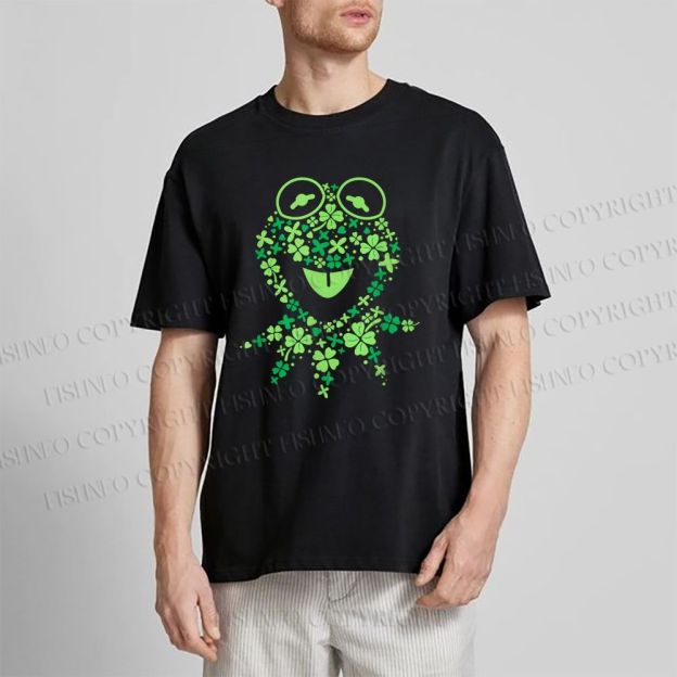Unisex Classic Cotton Four-Leaf Clover Frog Printed T-shirt