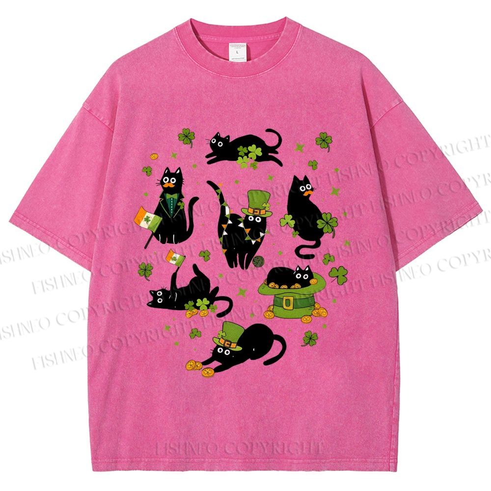 Unisex Four-Leaf Clover Cat Printed Washed Tee