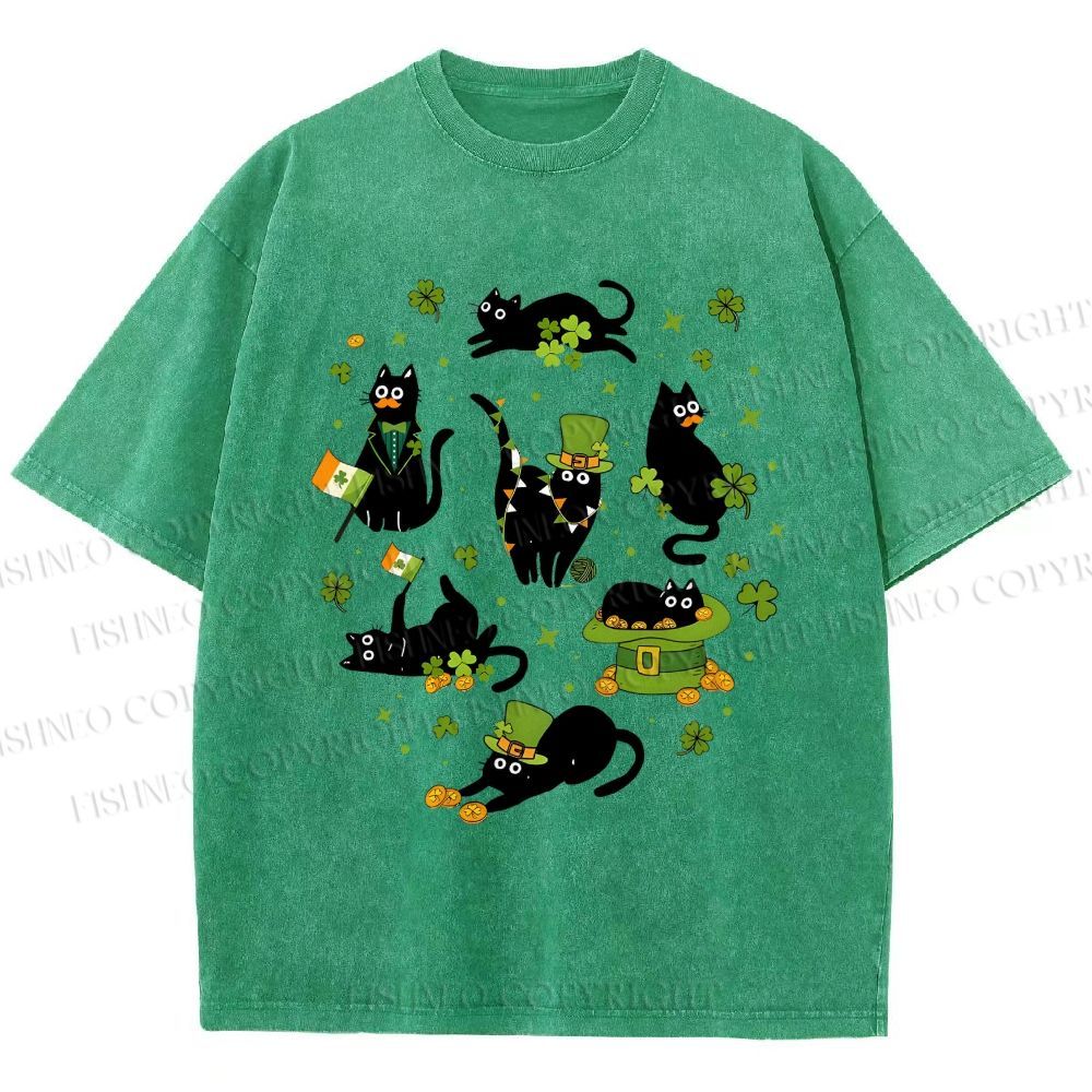 Unisex Four-Leaf Clover Cat Printed Washed Tee