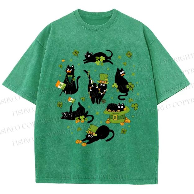 Unisex Four-Leaf Clover Cat Printed Washed Tee