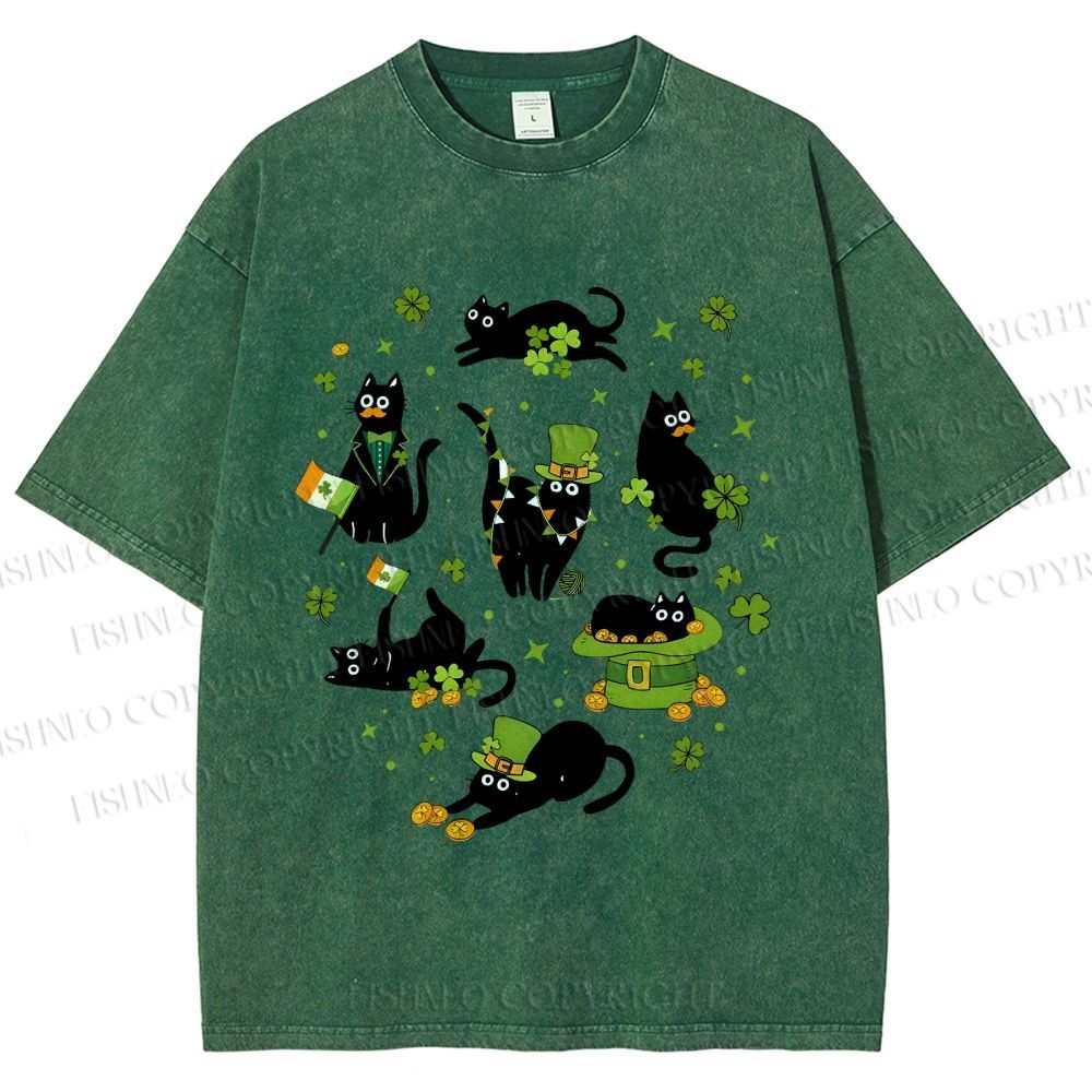 Unisex Four-Leaf Clover Cat Printed Washed Tee