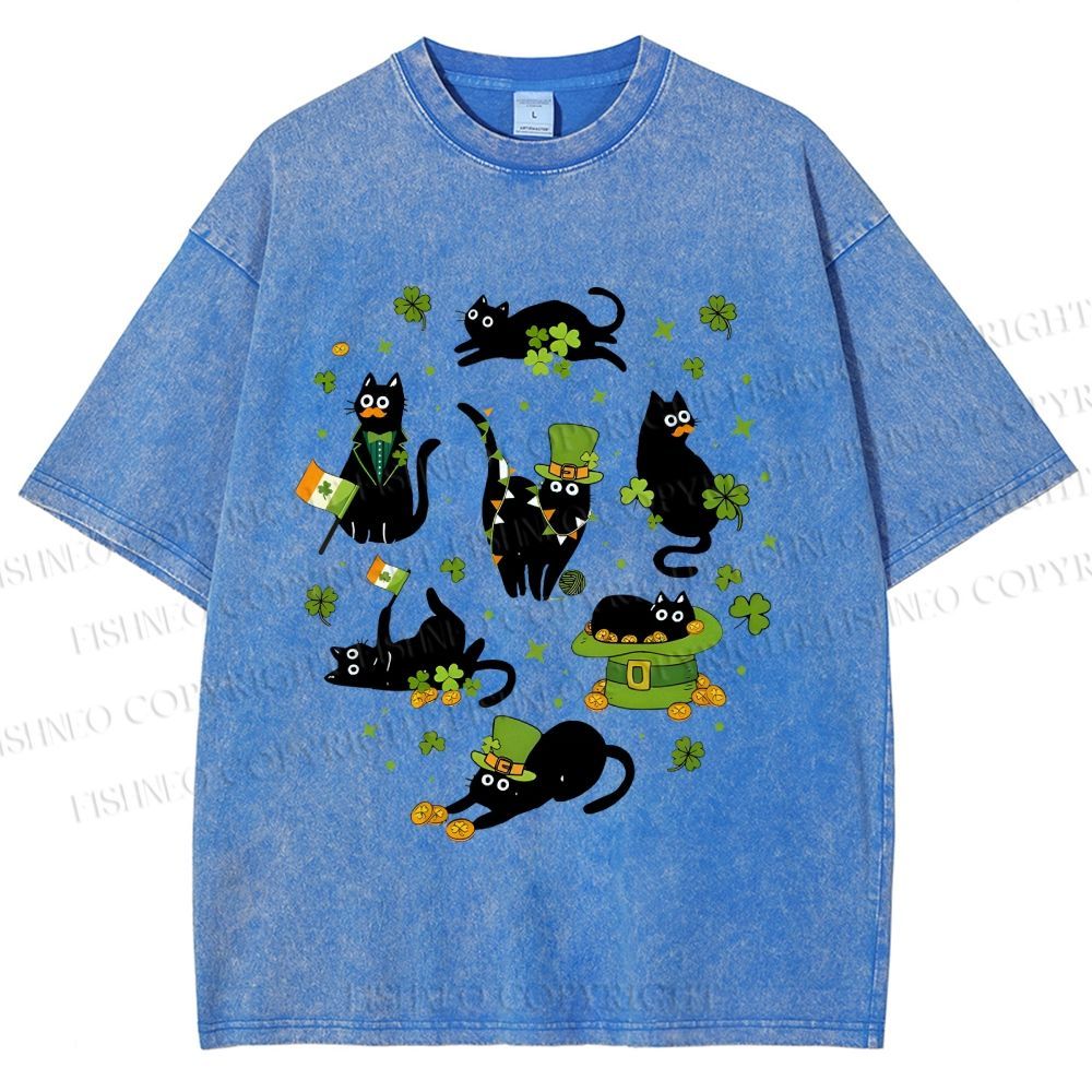 Unisex Four-Leaf Clover Cat Printed Washed Tee