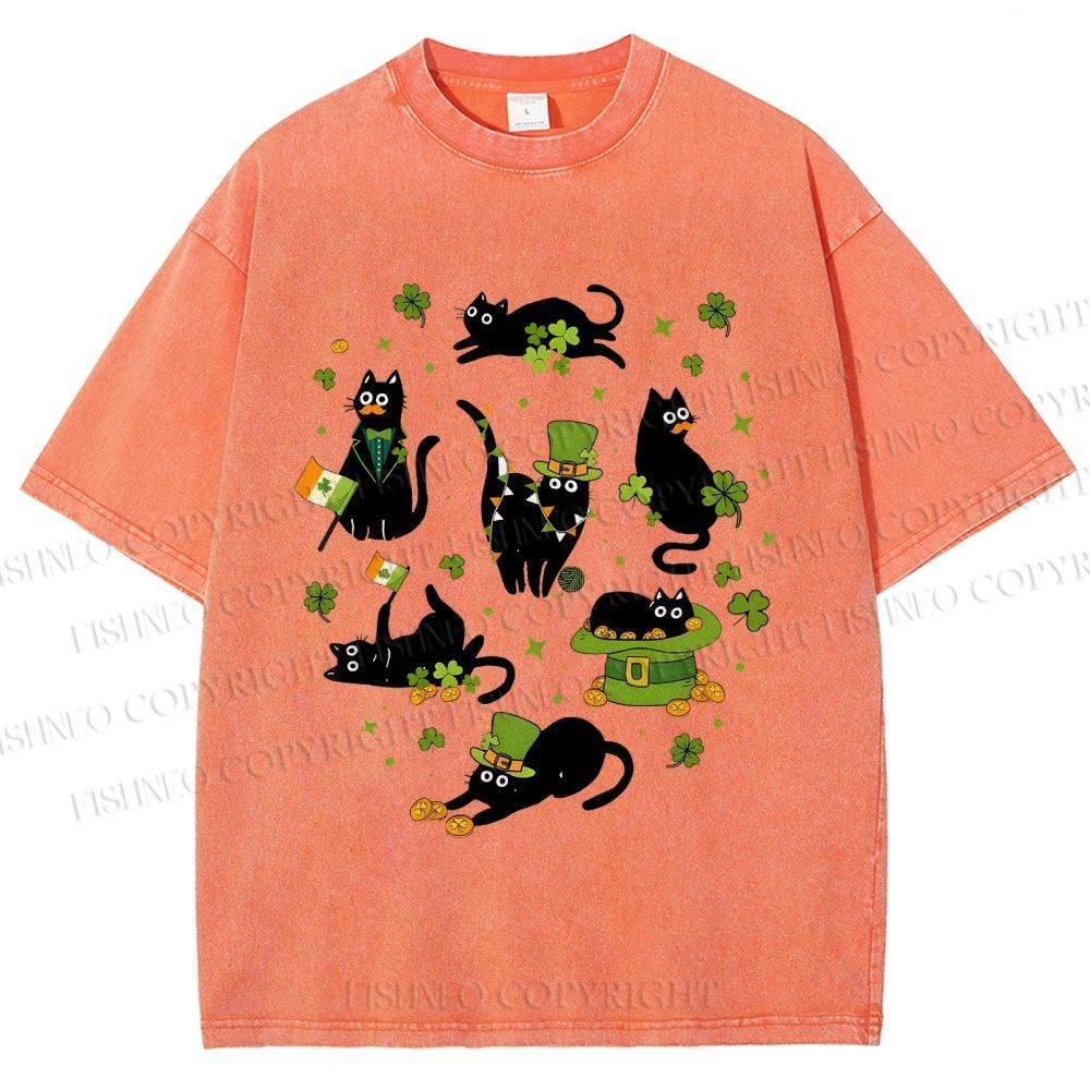 Unisex Four-Leaf Clover Cat Printed Washed Tee