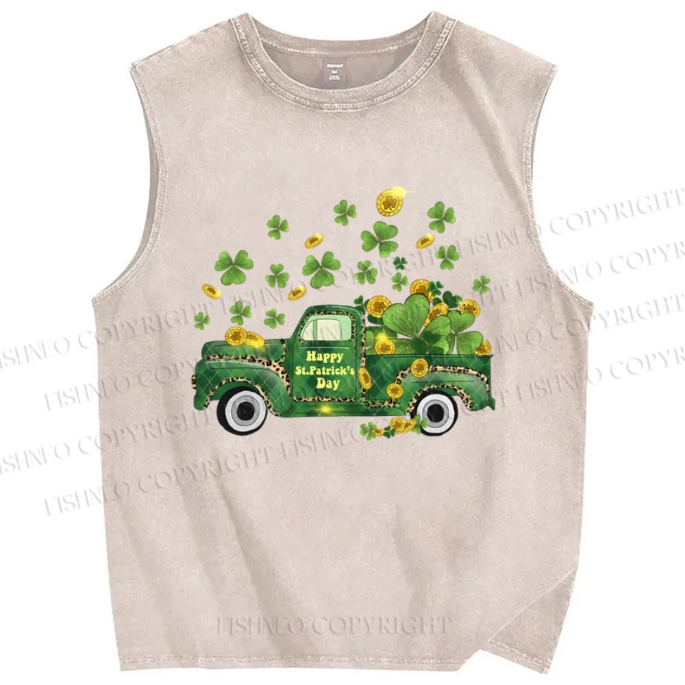 Unisex Four-Leaf Clover Car Printed Washed Tank Top