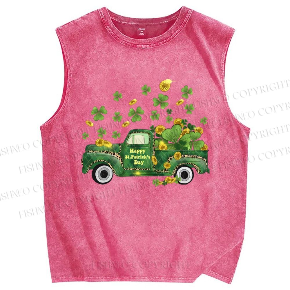 Unisex Four-Leaf Clover Car Printed Washed Tank Top