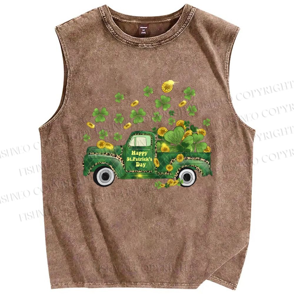 Unisex Four-Leaf Clover Car Printed Washed Tank Top