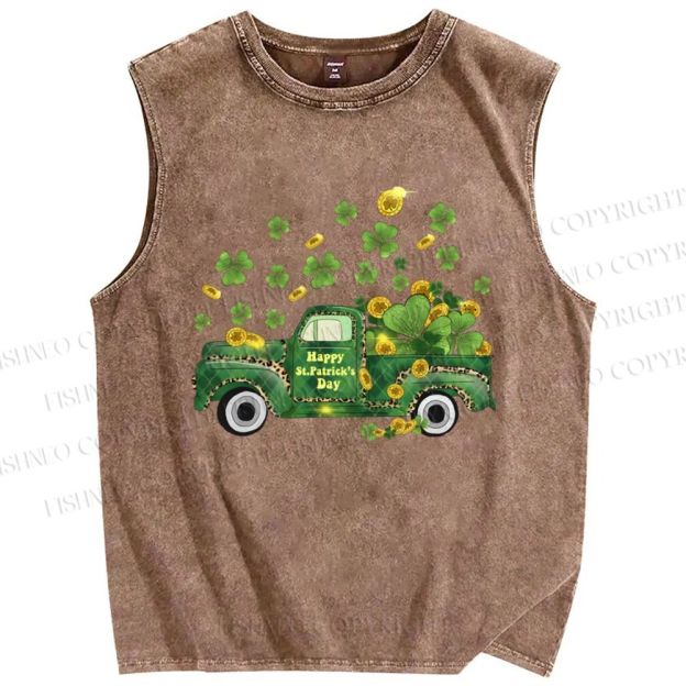 Unisex Four-Leaf Clover Car Printed Washed Tank Top