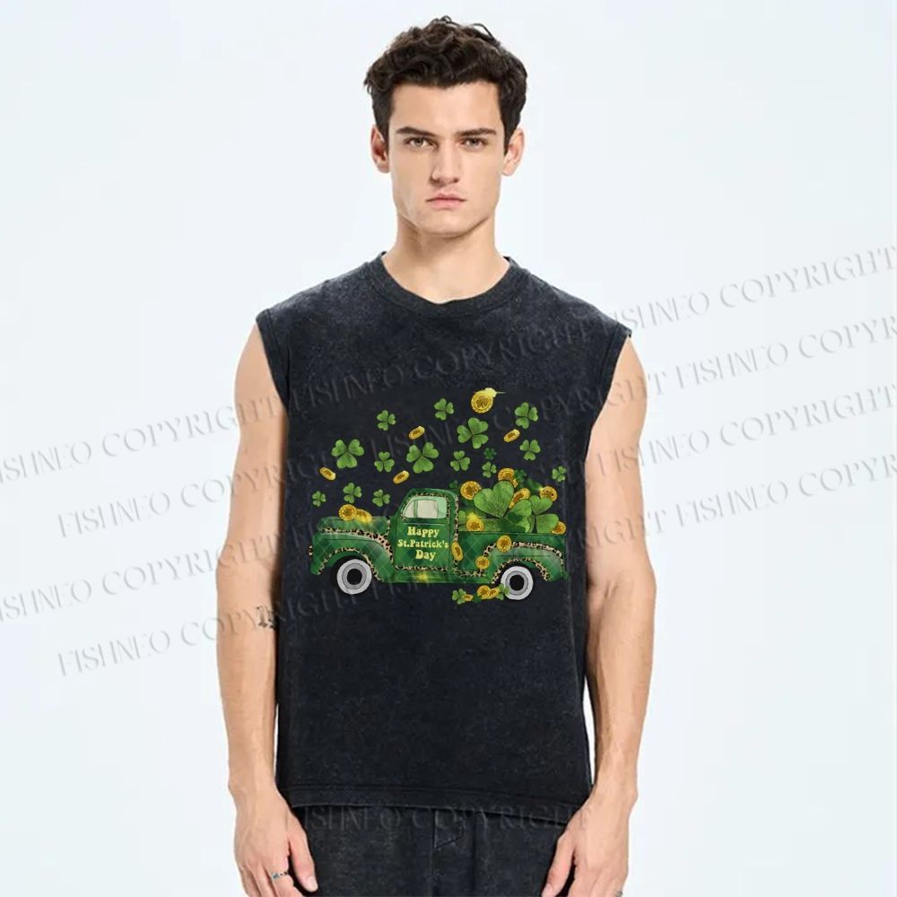 Unisex Four-Leaf Clover Car Printed Washed Tank Top