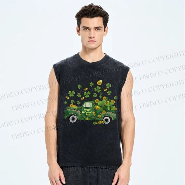 Unisex Four-Leaf Clover Car Printed Washed Tank Top