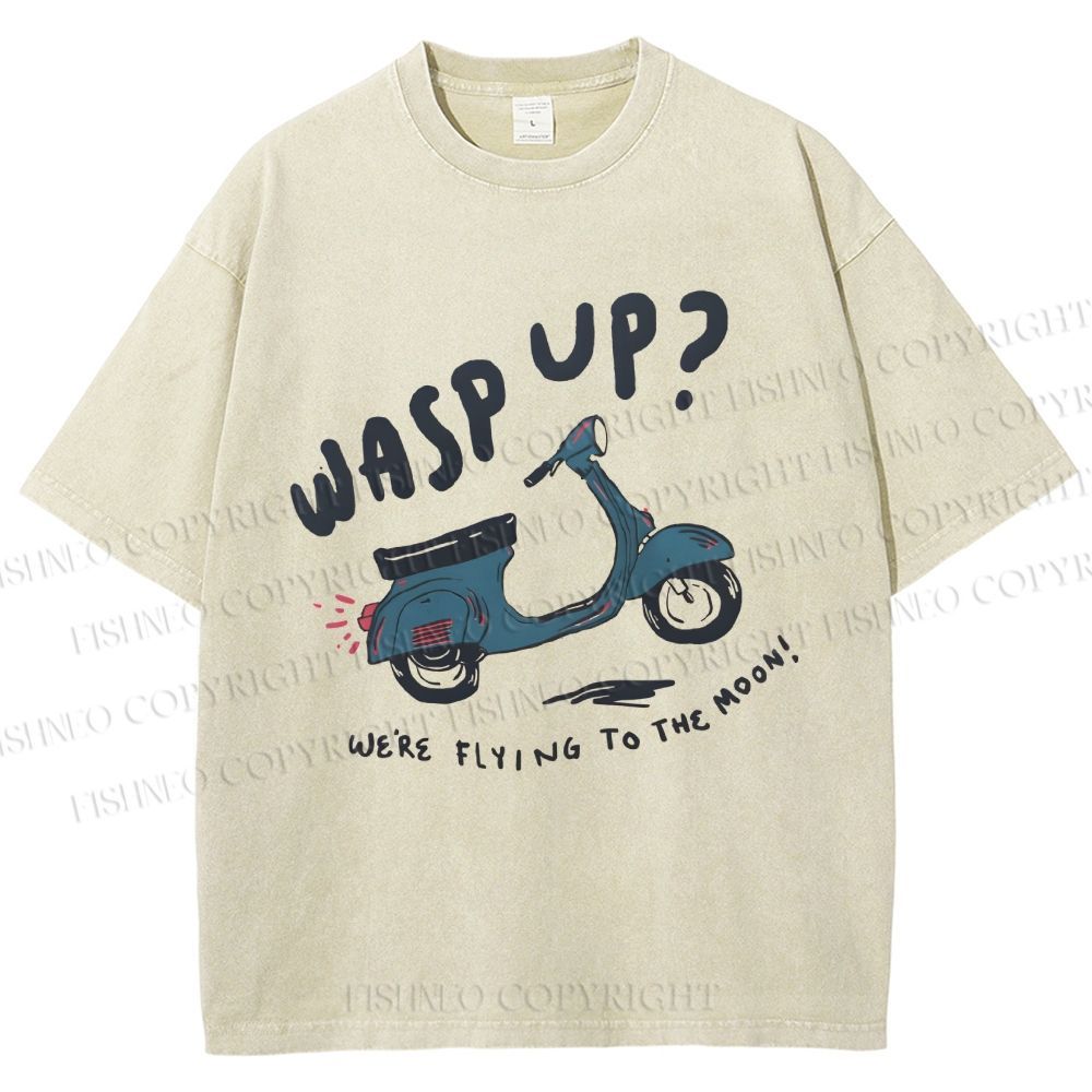 Unisex Wasp Up We're Flying To The Moon Motorcycles Printed Washed Tee