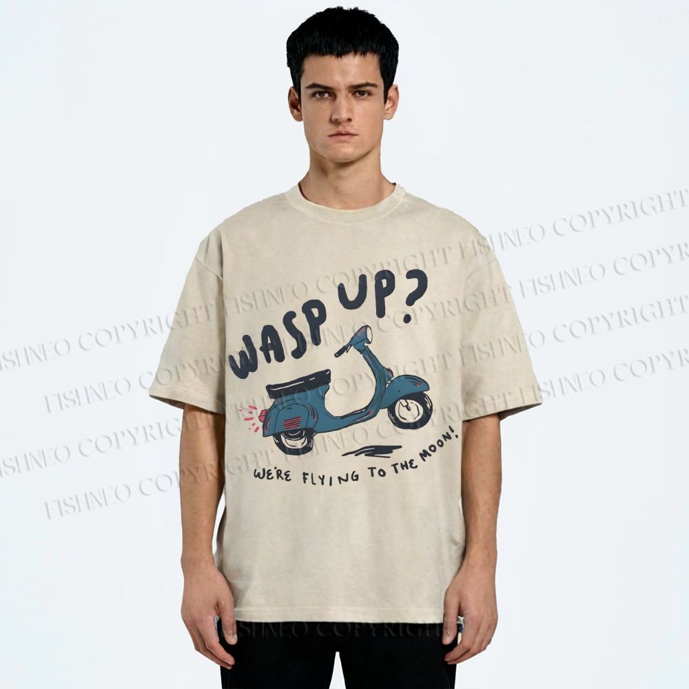 Unisex Wasp Up We're Flying To The Moon Motorcycles Printed Washed Tee