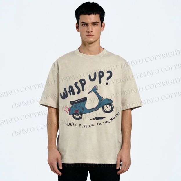 Unisex Wasp Up We're Flying To The Moon Motorcycles Printed Washed Tee