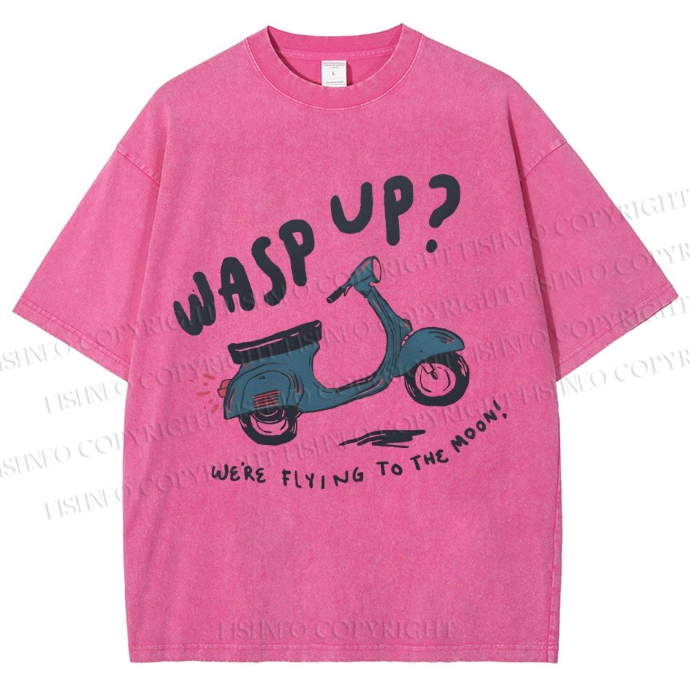 Unisex Wasp Up We're Flying To The Moon Motorcycles Printed Washed Tee