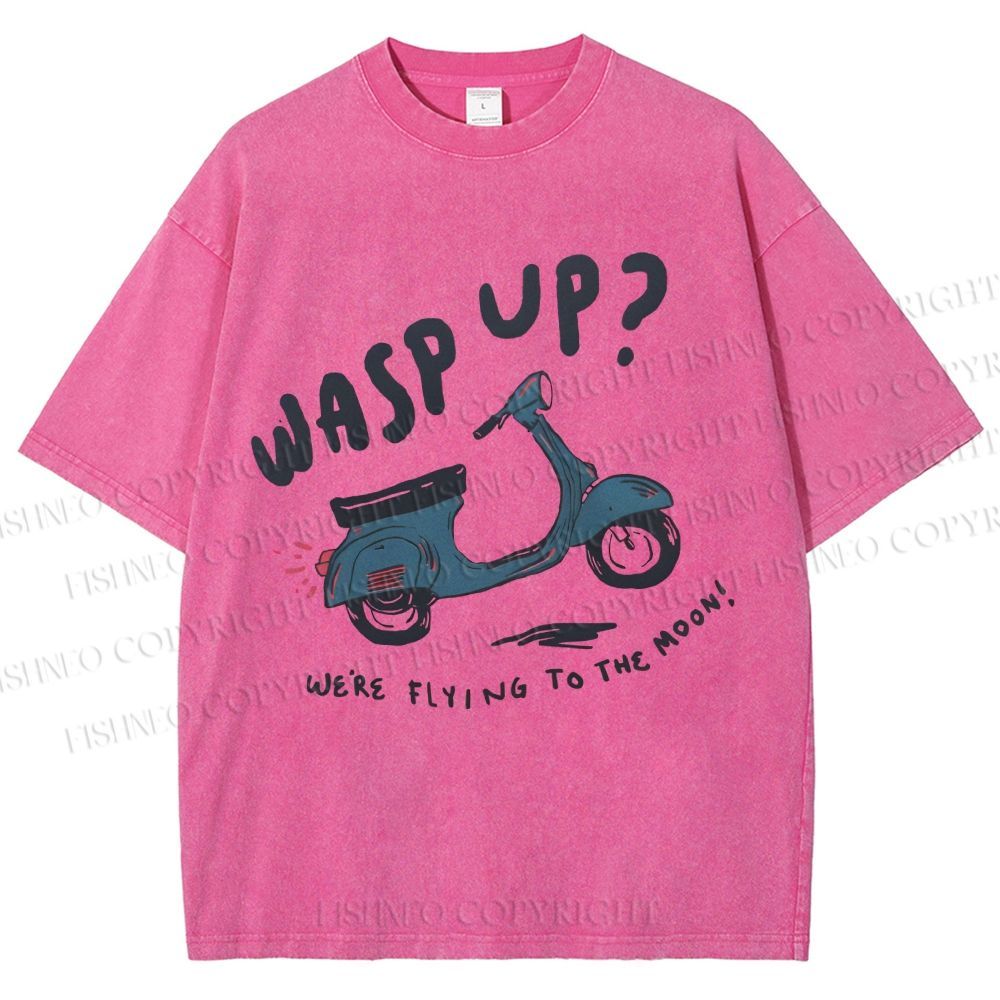 Unisex Wasp Up We're Flying To The Moon Motorcycles Printed Washed Tee