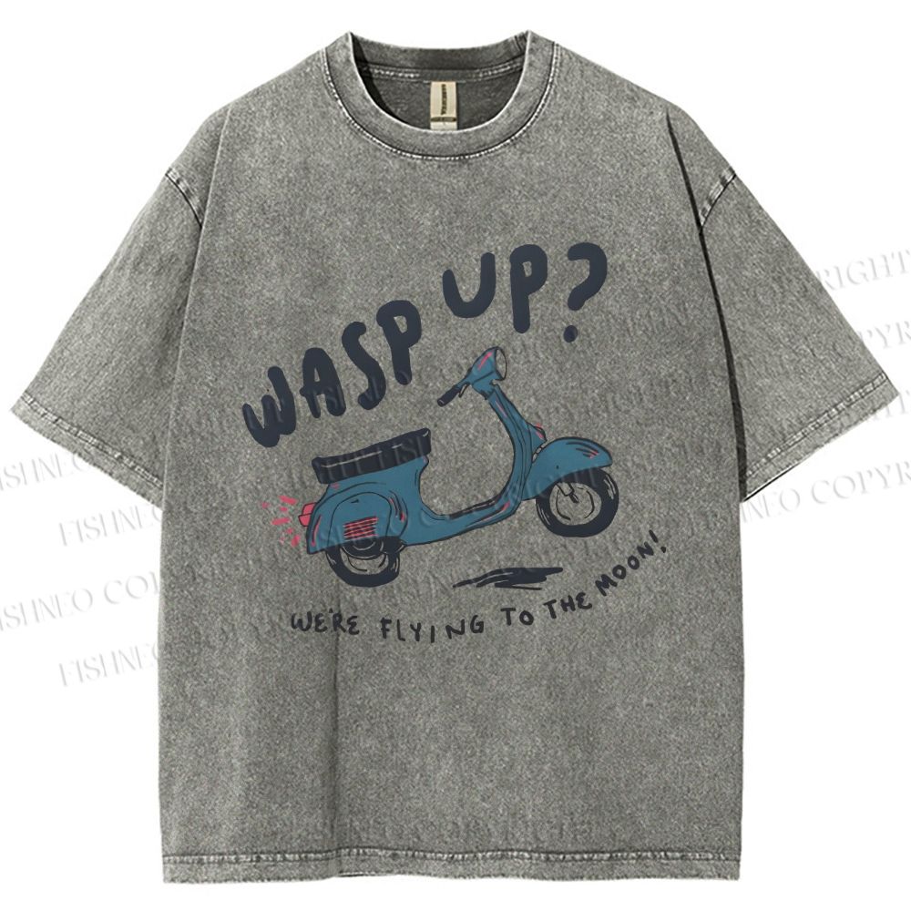 Unisex Wasp Up We're Flying To The Moon Motorcycles Printed Washed Tee