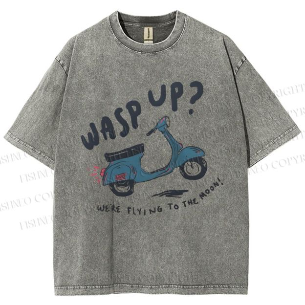 Unisex Wasp Up We're Flying To The Moon Motorcycles Printed Washed Tee