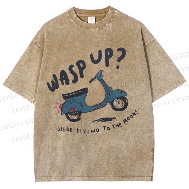 Unisex Wasp Up We're Flying To The Moon Motorcycles Printed Washed Tee