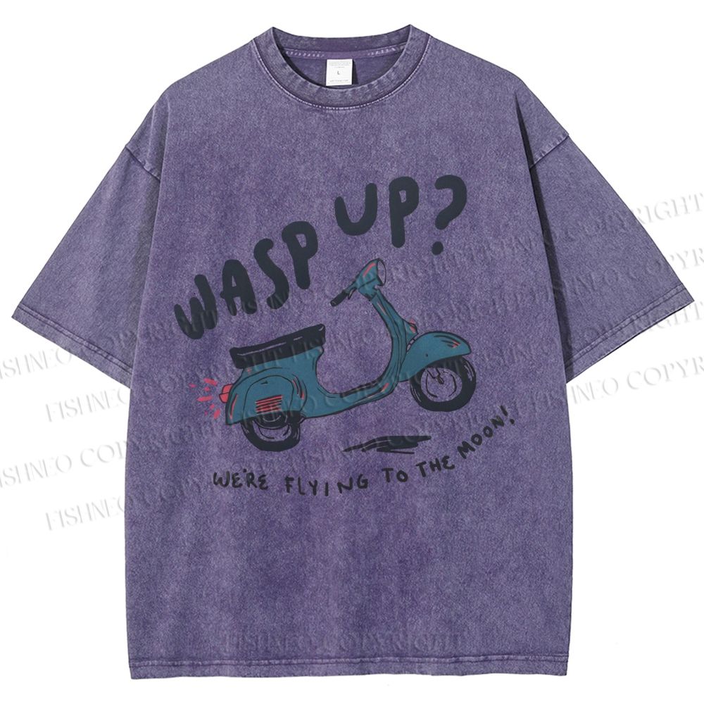 Unisex Wasp Up We're Flying To The Moon Motorcycles Printed Washed Tee