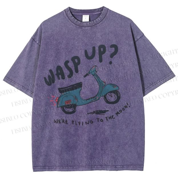 Unisex Wasp Up We're Flying To The Moon Motorcycles Printed Washed Tee