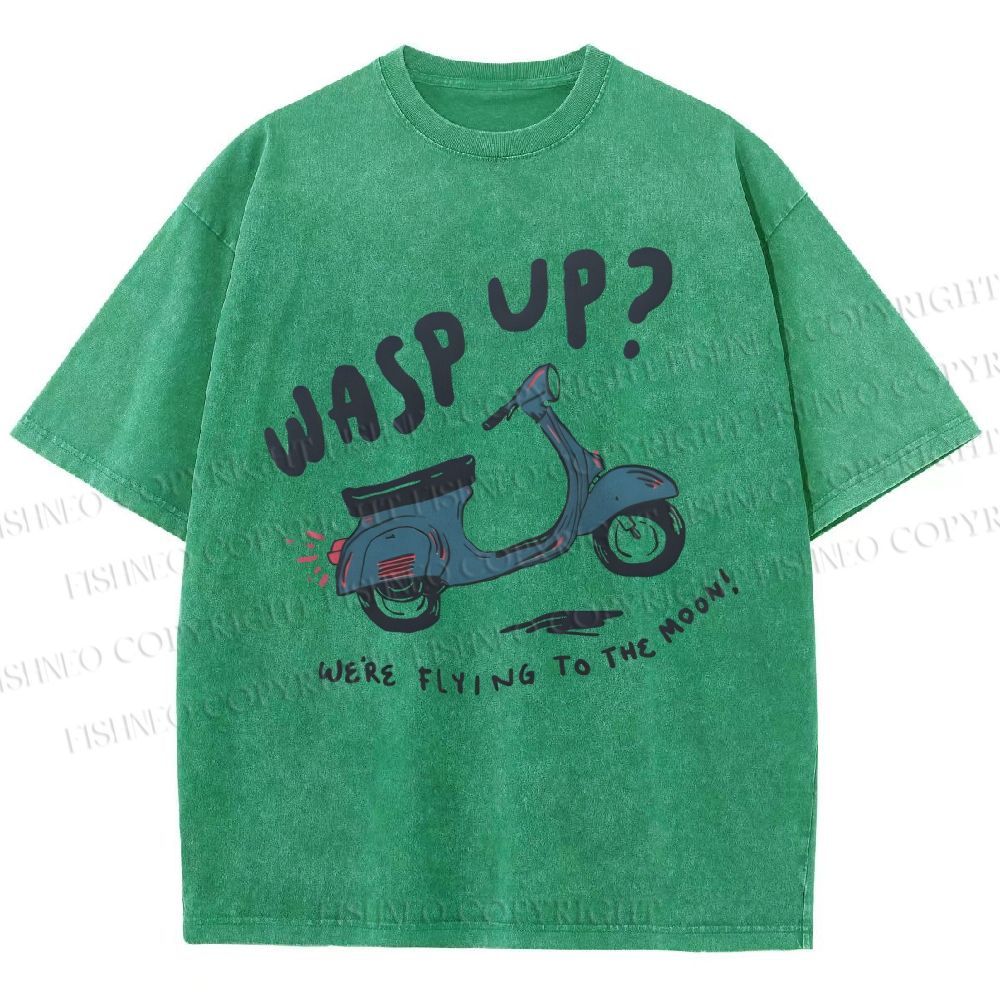 Unisex Wasp Up We're Flying To The Moon Motorcycles Printed Washed Tee