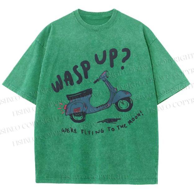 Unisex Wasp Up We're Flying To The Moon Motorcycles Printed Washed Tee