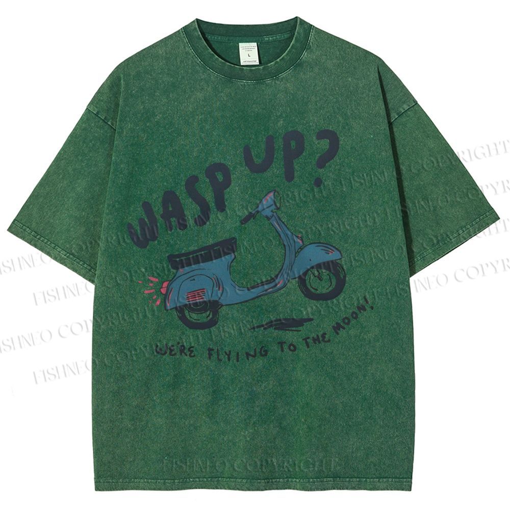 Unisex Wasp Up We're Flying To The Moon Motorcycles Printed Washed Tee