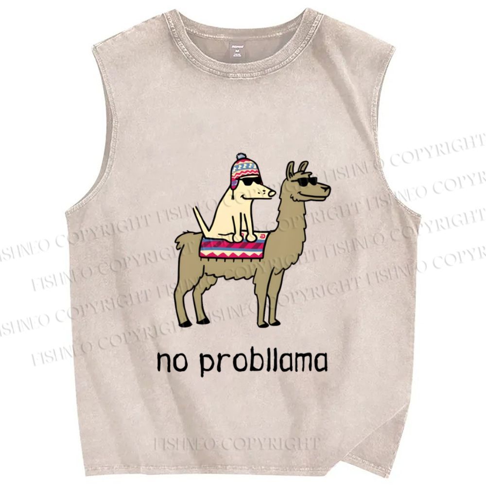 Unisex Silly Dog on Llama No Probllama Printed Washed Tank Top