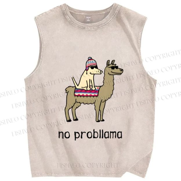 Unisex Silly Dog on Llama No Probllama Printed Washed Tank Top
