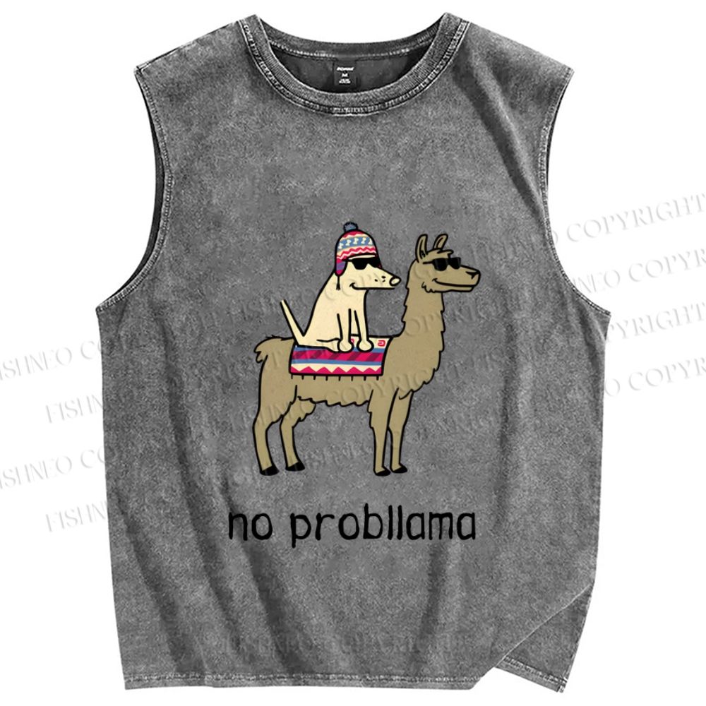 Unisex Silly Dog on Llama No Probllama Printed Washed Tank Top