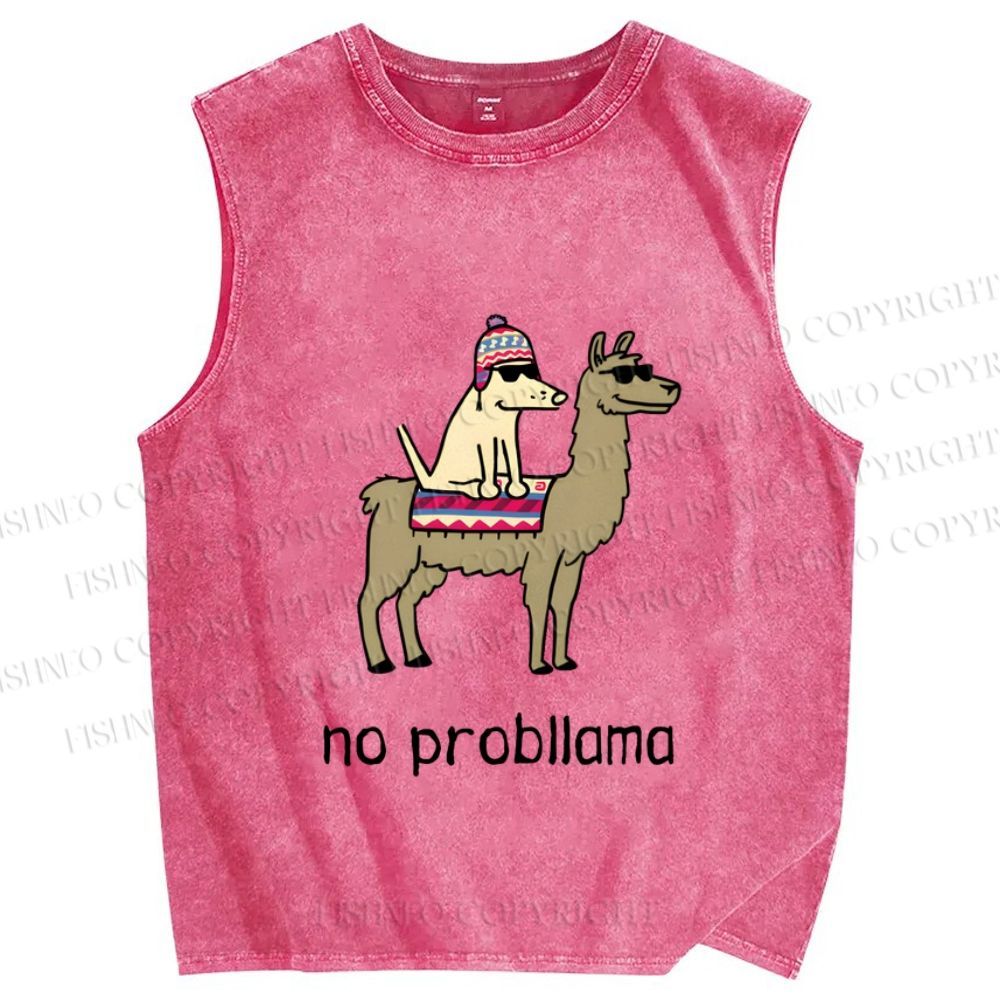 Unisex Silly Dog on Llama No Probllama Printed Washed Tank Top