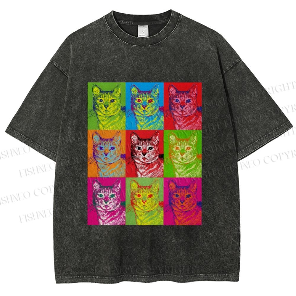 Unisex Pop Art Cats Printed Washed Tee