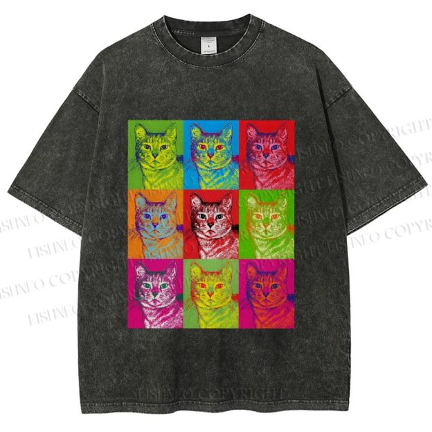 Unisex Pop Art Cats Printed Washed Tee