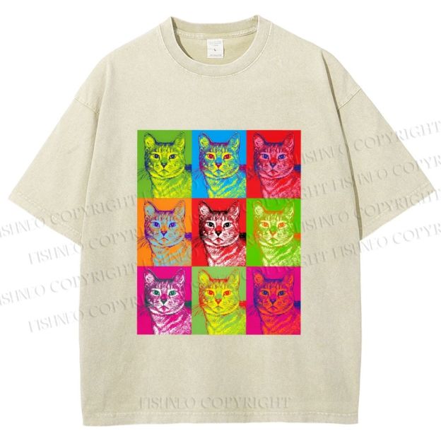 Unisex Pop Art Cats Printed Washed Tee
