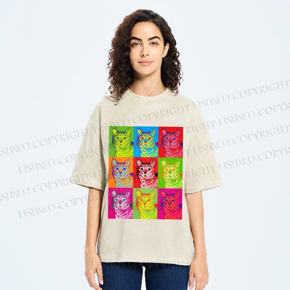 Unisex Pop Art Cats Printed Washed Tee