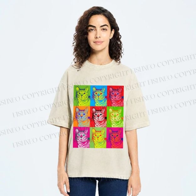 Unisex Pop Art Cats Printed Washed Tee