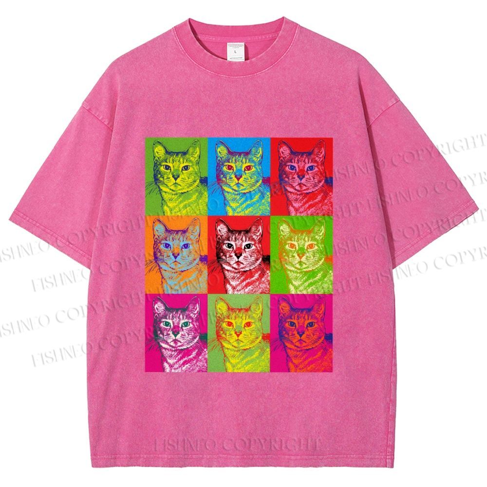 Unisex Pop Art Cats Printed Washed Tee