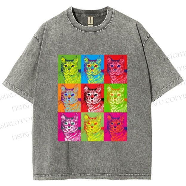Unisex Pop Art Cats Printed Washed Tee