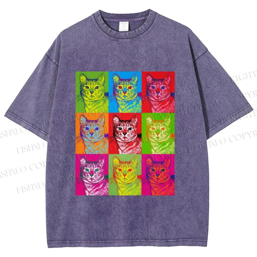 Unisex Pop Art Cats Printed Washed Tee