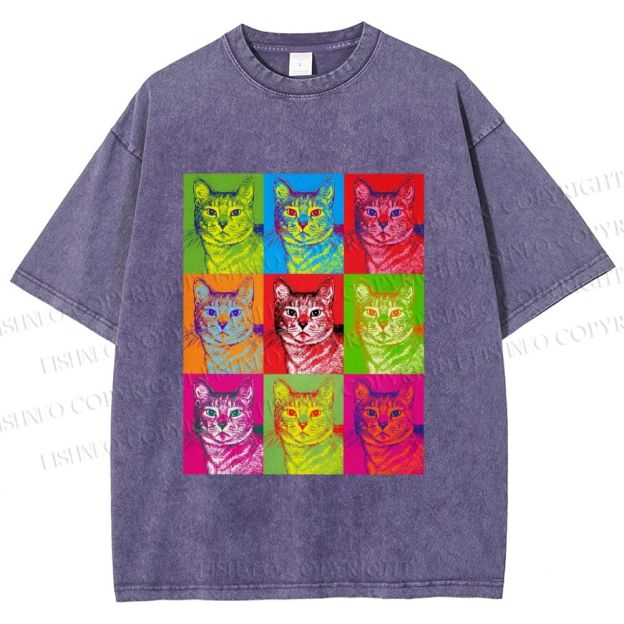 Unisex Pop Art Cats Printed Washed Tee