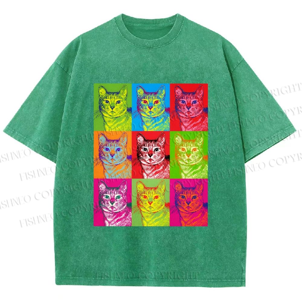 Unisex Pop Art Cats Printed Washed Tee